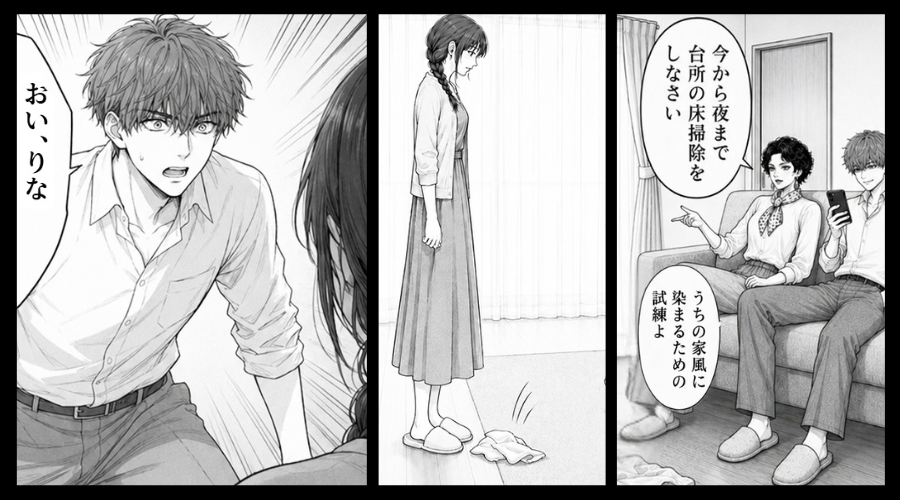 嫁に雑巾を投げつけ、義母「夜まで床掃除！」奴隷扱い！？しかし次の瞬間⇒嫁が始めた行動に、“夫が”ゾッとし「おい…？」