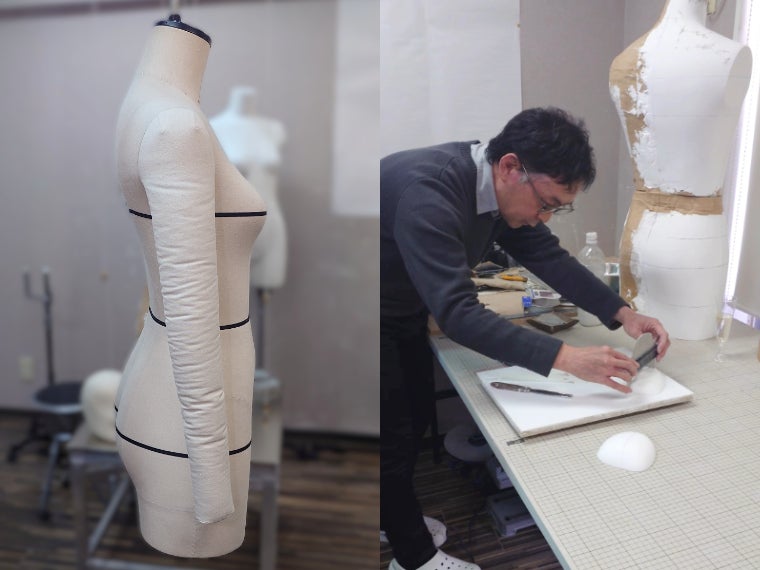 オーダーメイドボディーの東京ドレスフォーム 原型師の手作業で「アキラナカ」を引き付ける