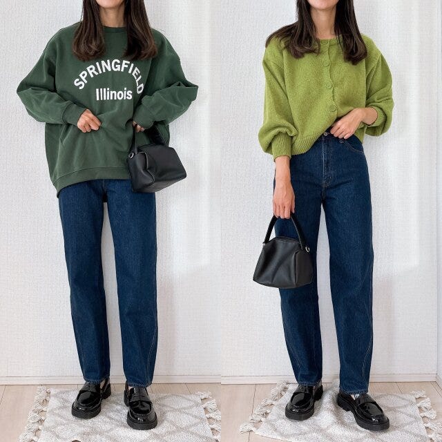ユニクロユー　カーブジーンズ　着回し　カラーニットコーデ