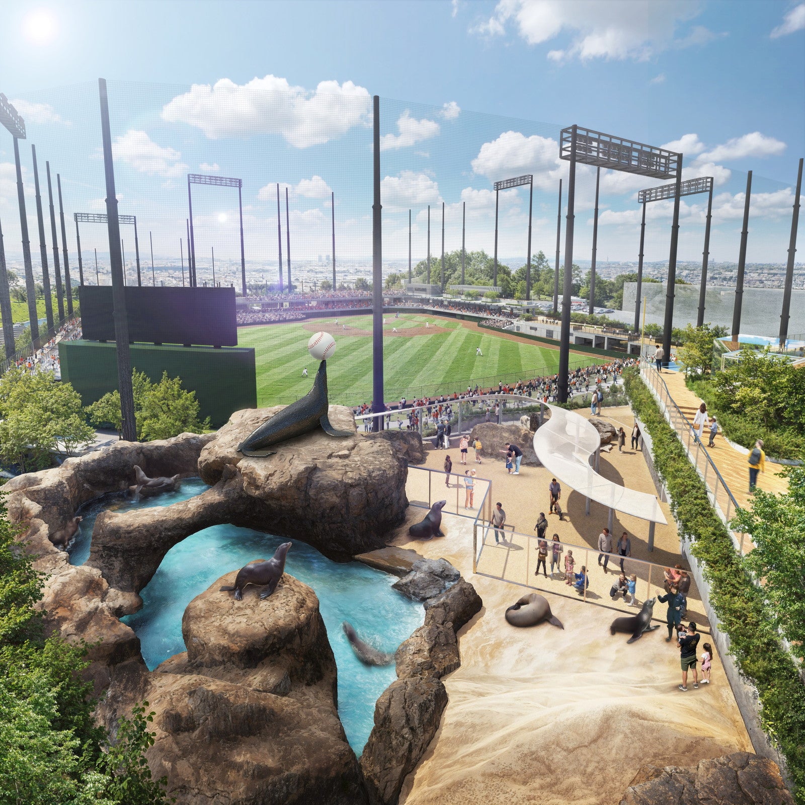 アシカたちが自然のままの姿で暮らす（イメージ※鼻先にボールをのせた中央のアシカはモニュメント）／提供素材