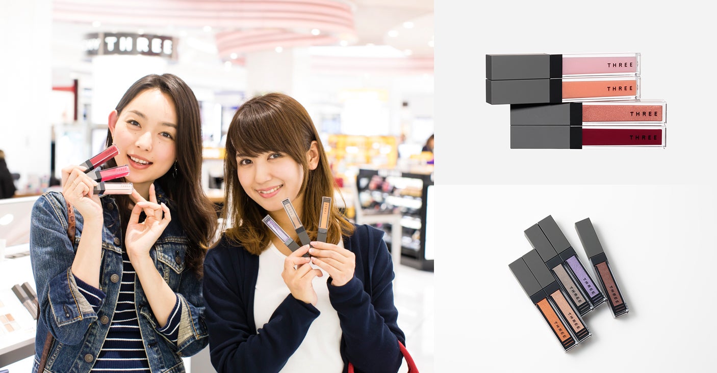 THREE（写真右上）シマリング リップジャム2,520円（写真右下）ウィスパー グロスフォーアイ2,780円／商品画像提供：THREE／モデル：比留川良子、百済友希