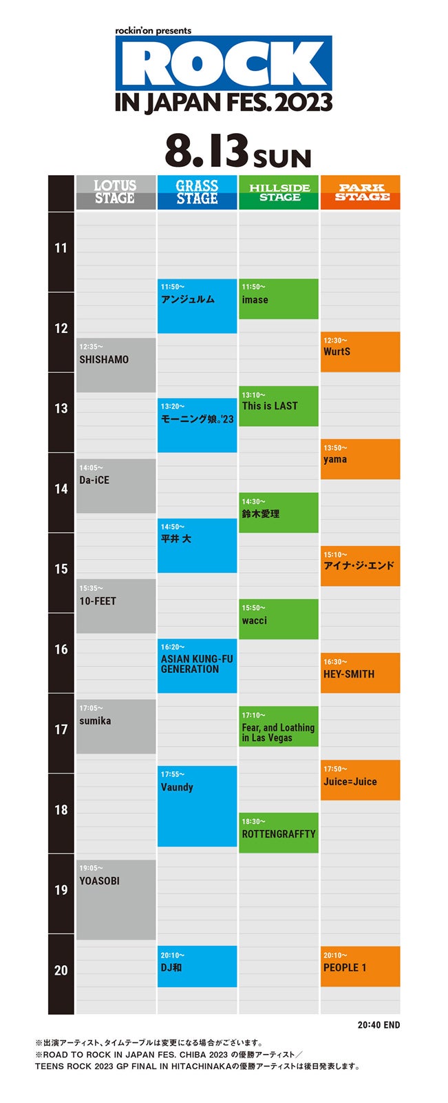 「ROCK IN JAPAN FESTIVAL 2023」タイムテーブル（提供写真）