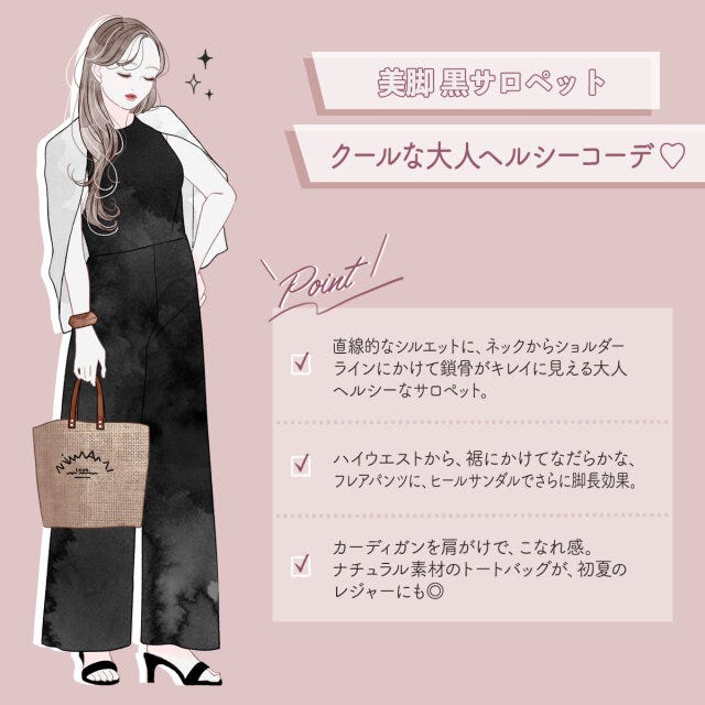 黒　サロペット　コーデ　イラスト