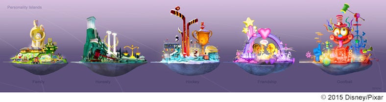 ディズニー／ピクサー「インサイド・ヘッド」、ライリーの人格を形成する島のコンセプトアート、一番左が「家族の島」（C）2015 Disney／Pixar