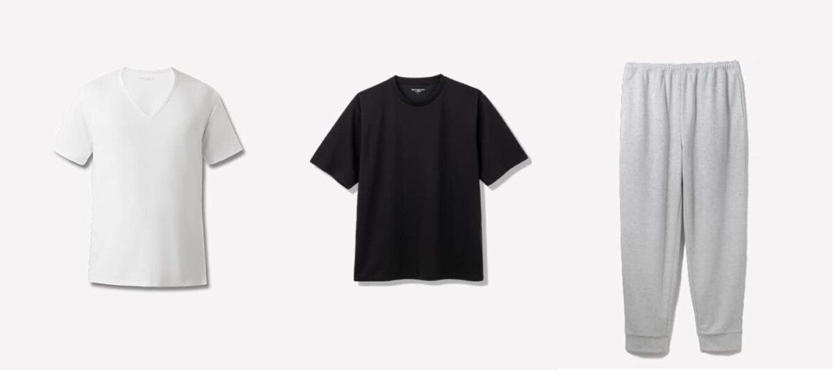 白背景に並んだ、白いVネックインナー・黒い半袖クルーネックTシャツ・ライトグレーのロングパンツの単品3点