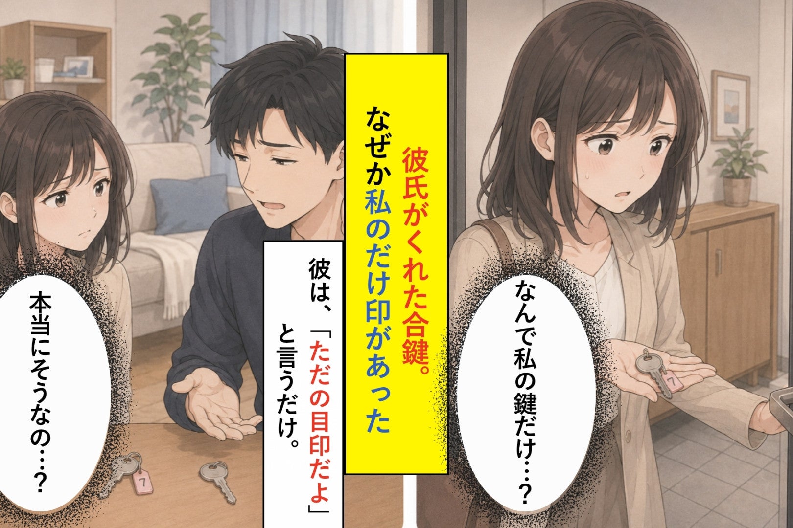「ただの目印だよ」とだけ返す彼→私の合鍵にだけ番号札、自分だけ仕分けられた気がした