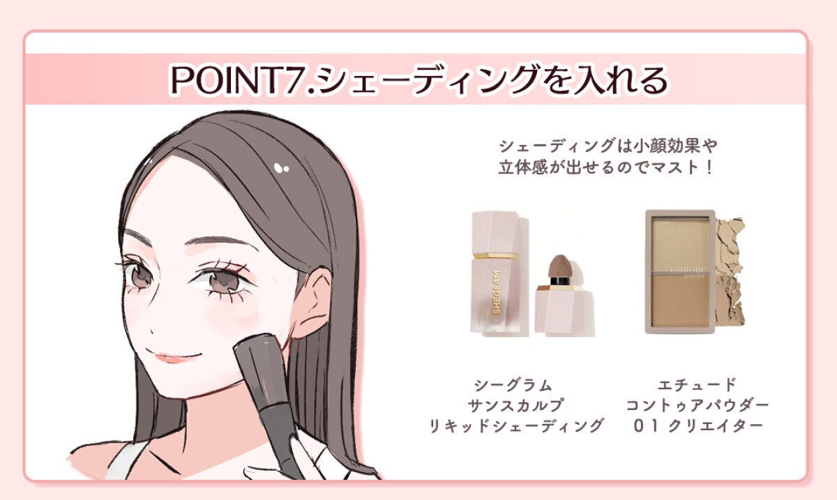 ブラシでフェイスラインにシェーディングを入れている女性のイラストとおすすめ商品2点