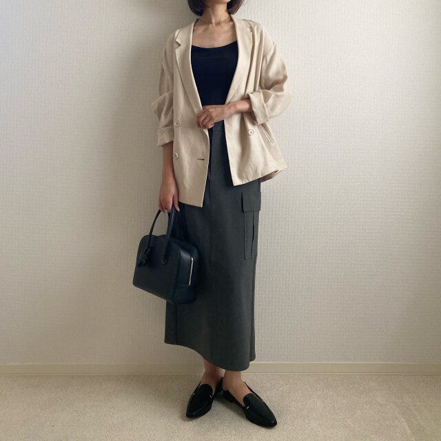 GU　カーゴナローロングスカートQ　ジャケット　コーデ