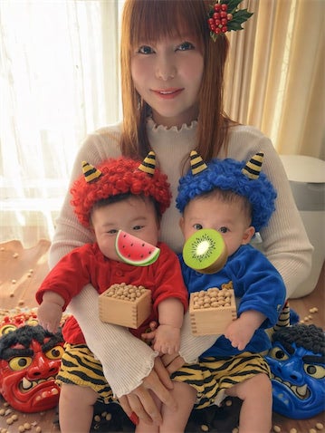 中川翔子、鬼になった双子の節分ショットに反響「可愛すぎて豆が投げられない」