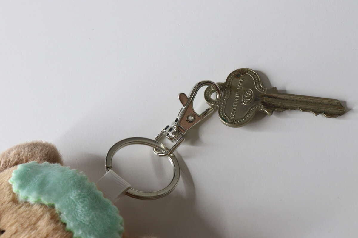 白い背景に、キーホルダーの金具部分に鍵が1本取り付けられている様子 白い背景に、キーホルダーの金具部分に鍵が1本取り付けられている様子