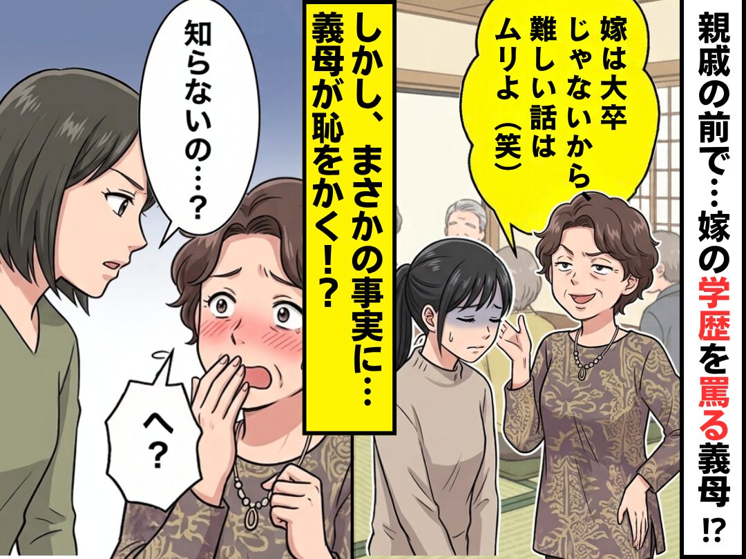 親戚の前で…義母「大卒じゃない嫁に、難しい話はムリ（笑）」しかし⇒義姉「知らないの…？」まさかの事実に、義母「へ？」