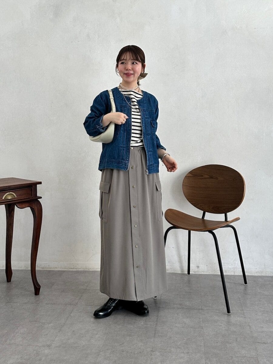 ボーダーコーデ 2026春大人女性ノーカラーデニムジャケットボーダーコーデ