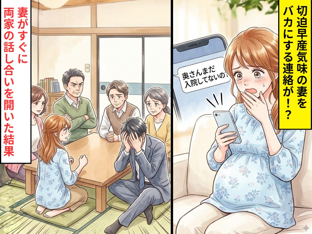 切迫早産気味の妻に…「奥さんまだ入院してないの？」浮気女から連絡が！？だが後日⇒妻が両家の話し合いを行った【結果】