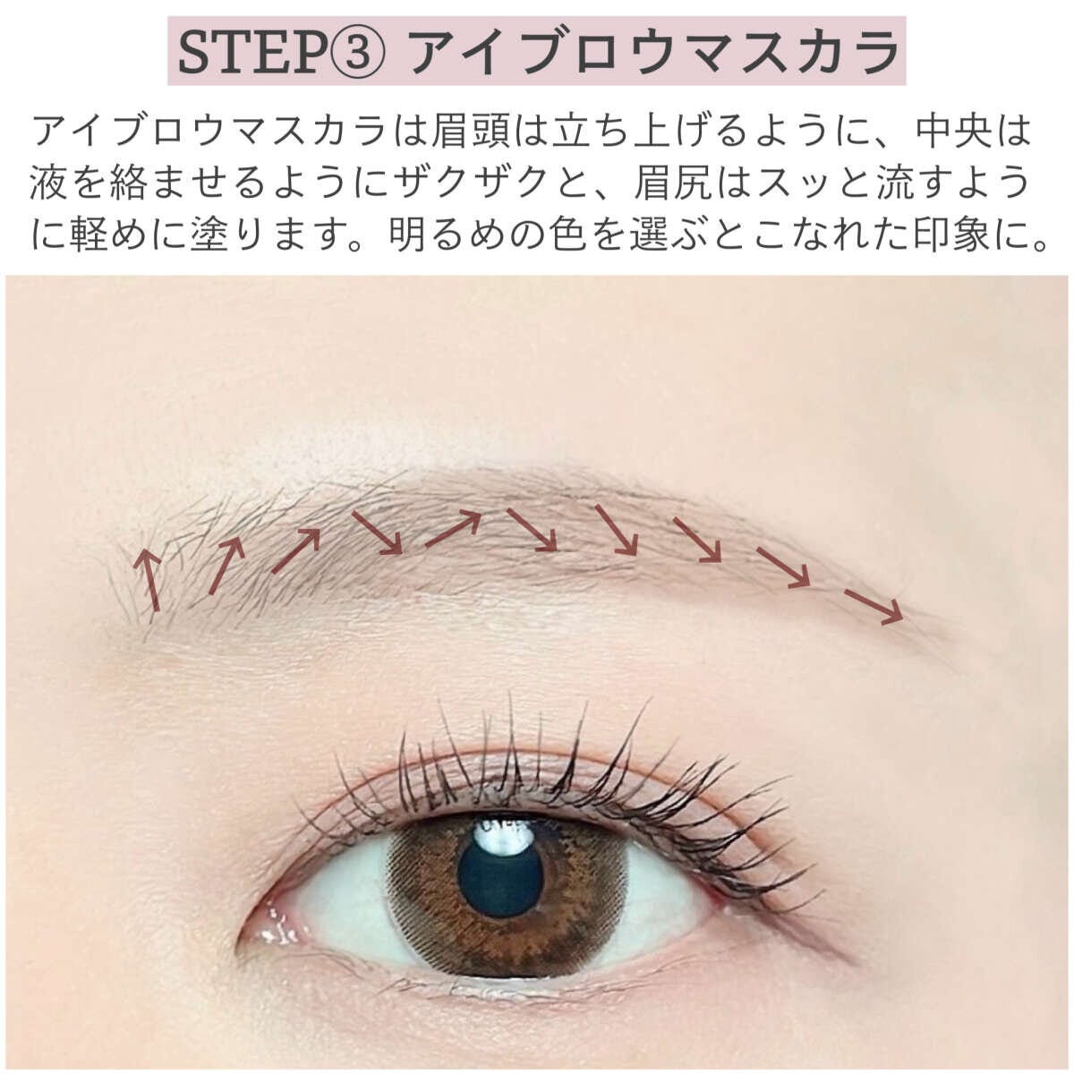 STEP3アイブロウマスカラを毛流れに沿って塗る様子