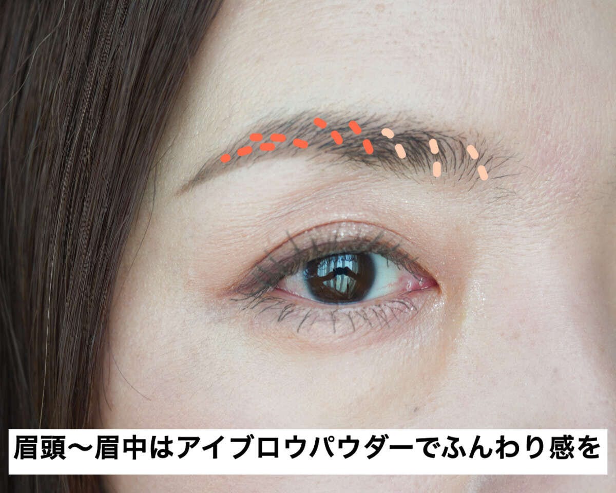 眉の下側を描き足す位置を点で示した目元 眉の下側を描き足す位置を点で示した目元