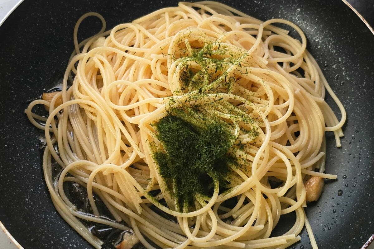 青のりと塩昆布のスパゲッティ・青のり