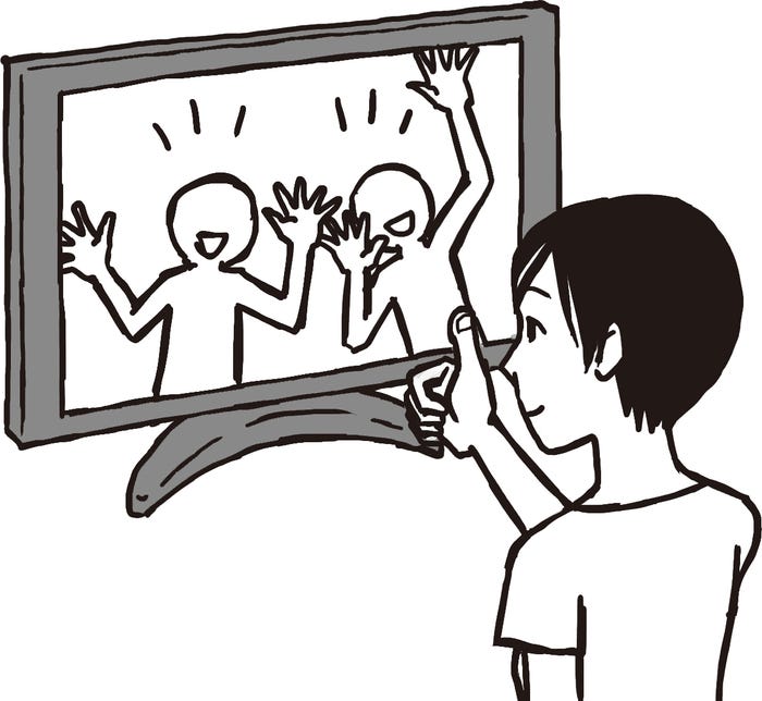 親指を顔の前に立て、視線は爪に置いたまま周辺視でテレビを見る(C)松本奈緒美