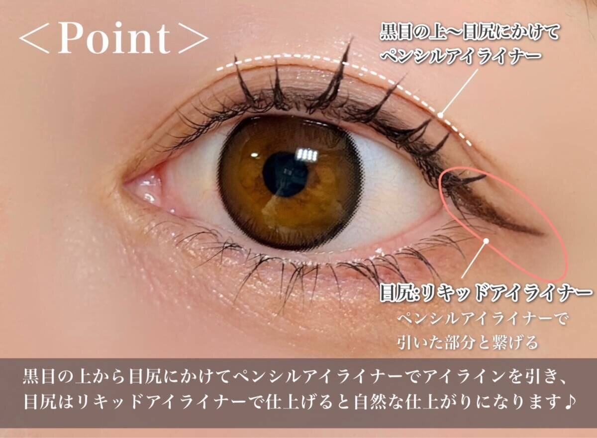 黒目の上から目尻にかけてペンシルアイライナーでアイラインを引き、目尻はリキッドアイライナーで仕上げる