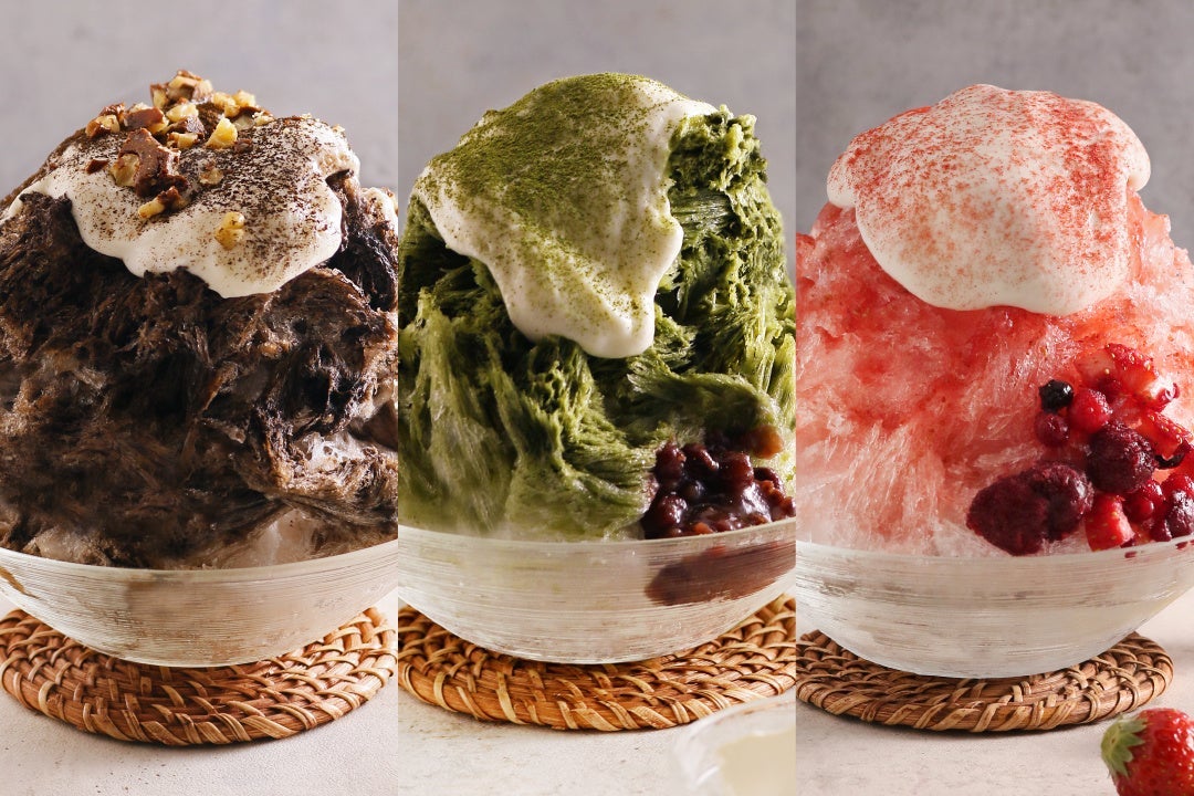 チーズクリームのほうじ茶かき氷、チーズクリームの抹茶かき氷各1320円（税込）、チーズクリームの苺かき氷（税込）／提供画像