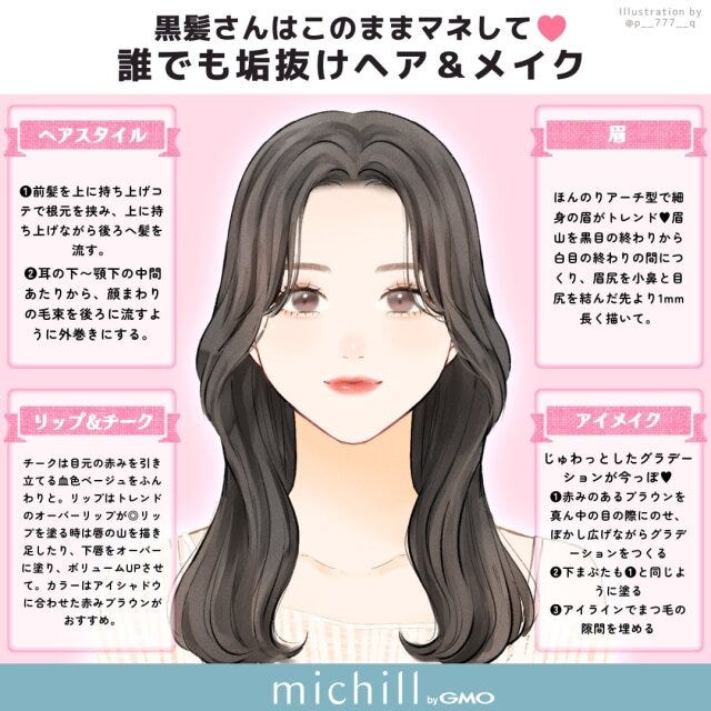黒髪　垢抜け　ヘア＆メイク　スタイリング　Pyom　イラスト　解説