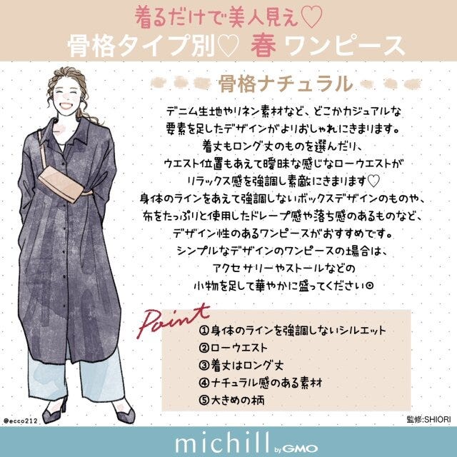 春ワンピ　骨格タイプ別　美人見え　フェミニン　EccO　イラスト　骨格ナチュラル