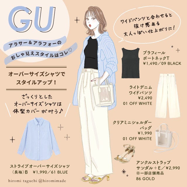 GU　オーバーサイズシャツ　コーデ　イラスト