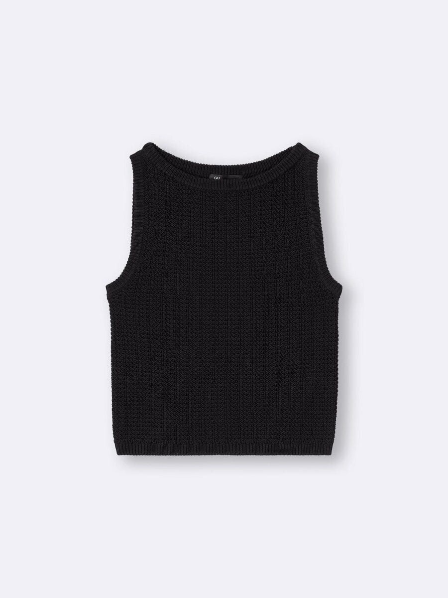 黒いざっくり編みボートネックニットタンクトップ 黒いざっくり編みボートネックニットタンクトップ