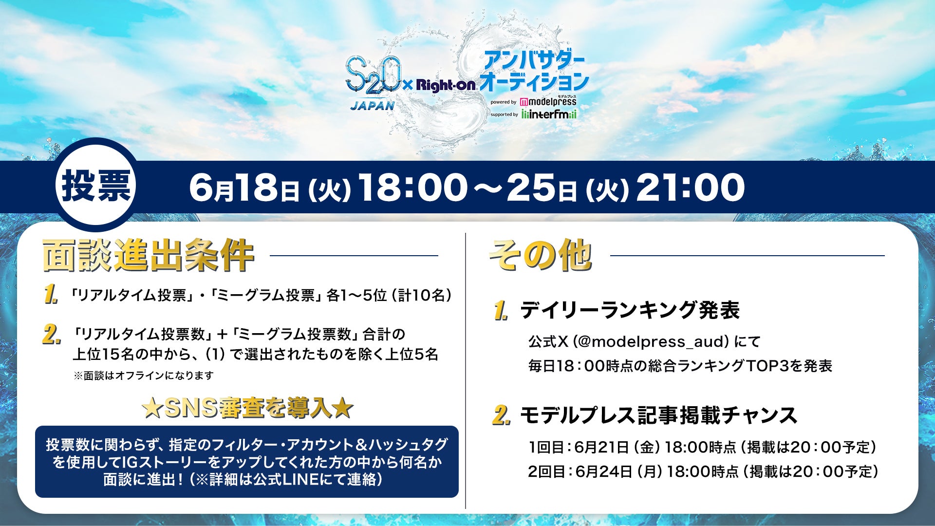 「S2O JAPAN 2024×Right-onアンバサダーオーディション powered by モデルプレス supported by interfm」投票審査基準（C）モデルプレス