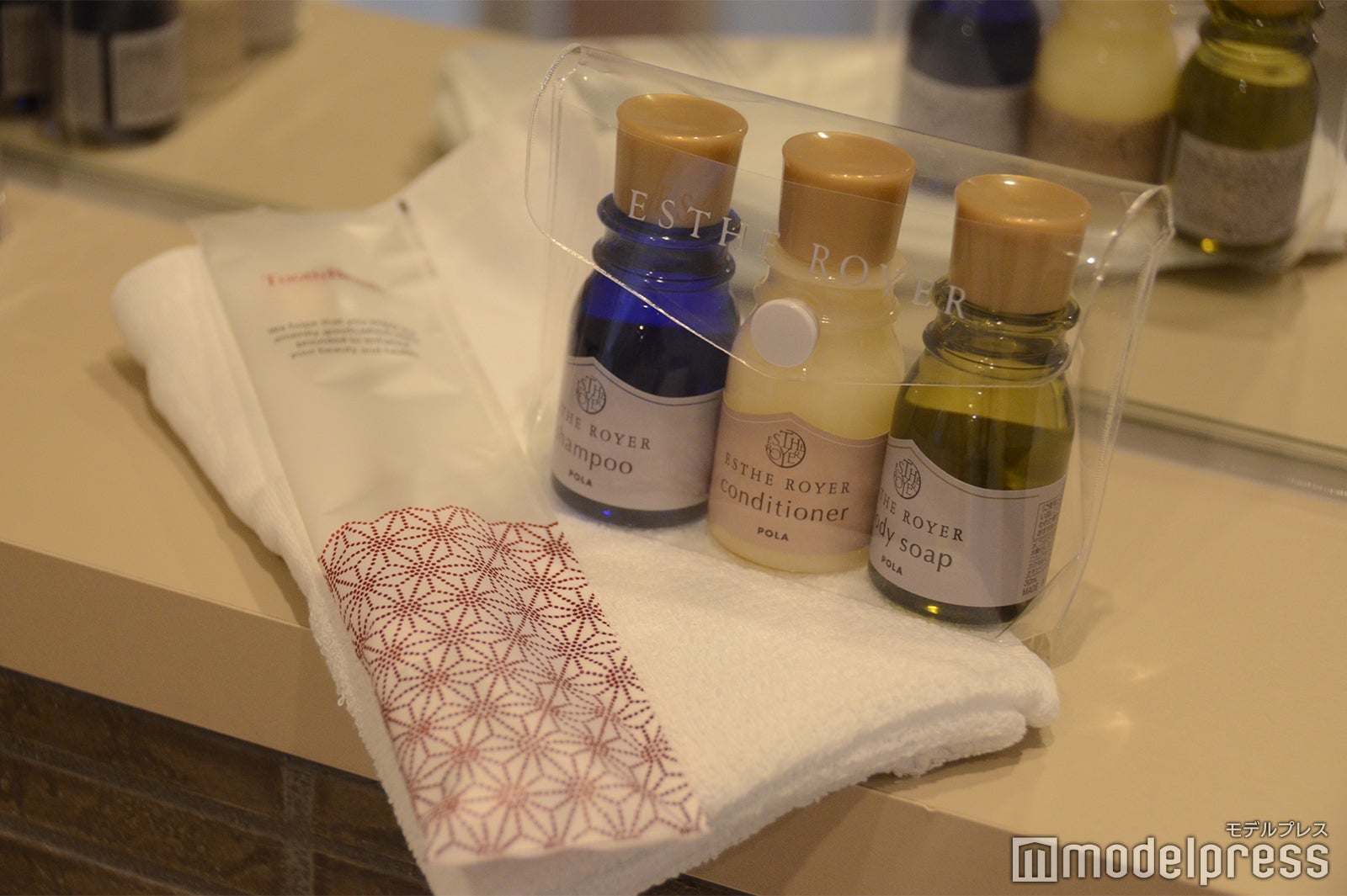 シャンプー類一式、歯ブラシセット、バスタオルやフェイスタオルも人数分用意されている（C）モデルプレス