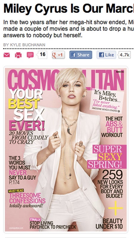 マイリー・サイラス、バスト寄せのジャケット姿で雑誌の表紙を飾る！