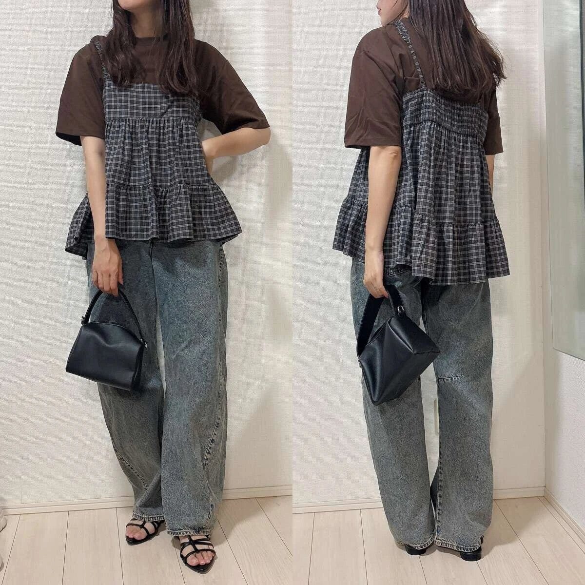 ブラウンTシャツとデニムにチュニックを重ね着した女性の全身