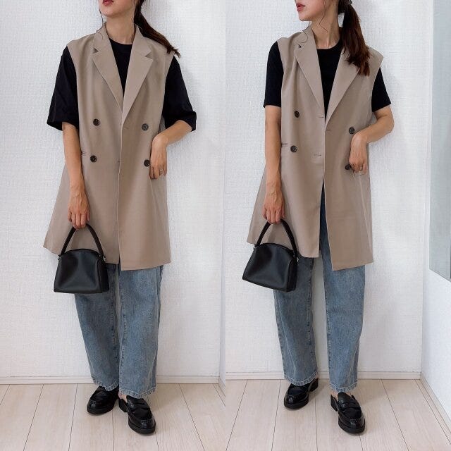 GU　オーバーサイズダブルブレストベスト　Tシャツ　デニム　コーデ