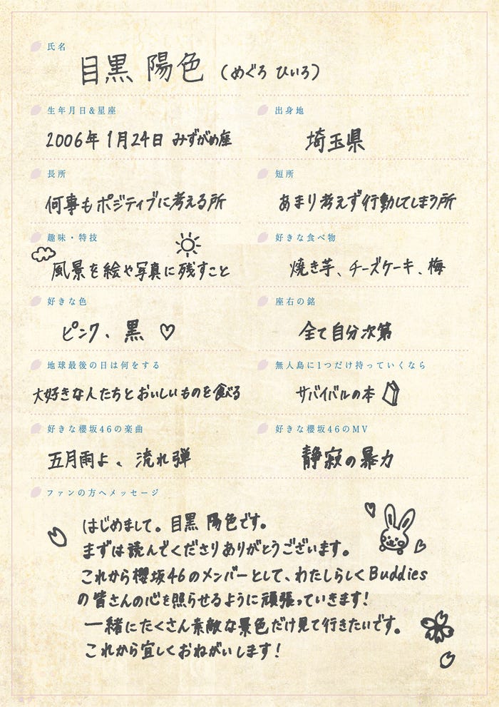 目黒陽色手書きプロフィール(提供写真)