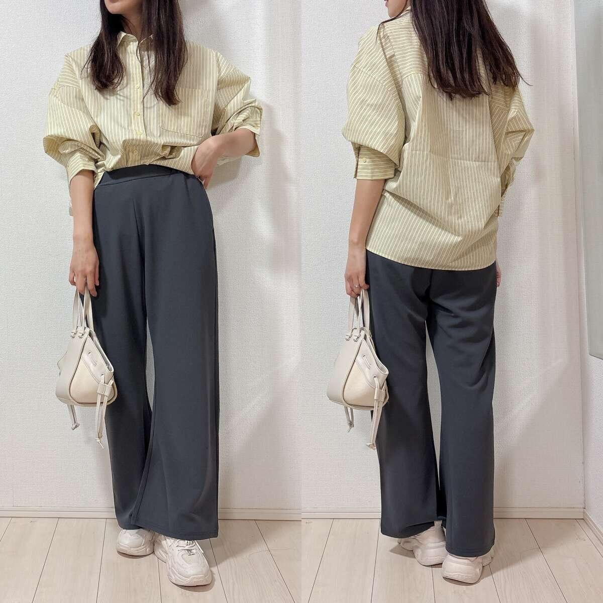 GUドルマンスリーブストライプシャツ GUドルマンスリーブストライプシャツとスラックスコーデ