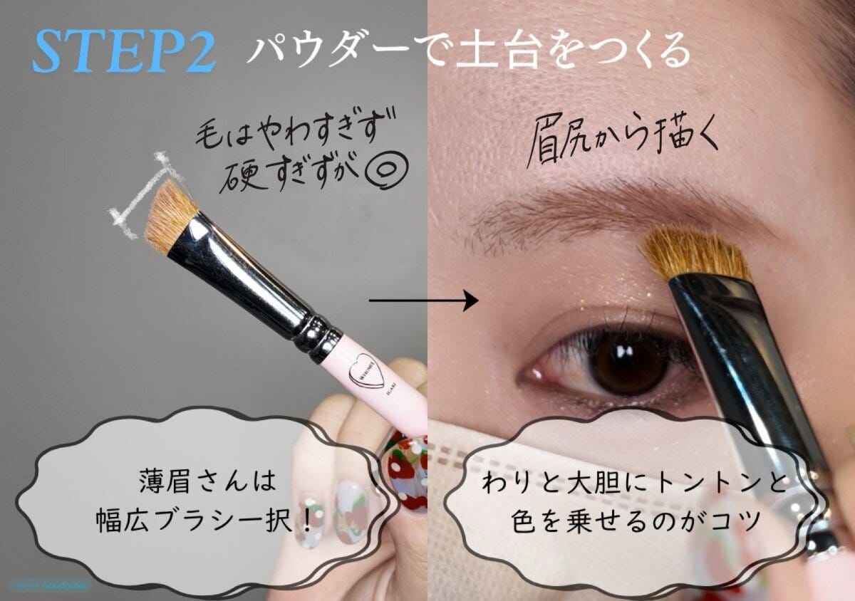アイブロウリスト STEP2毛量のある幅広アイブロウブラシで眉尻からパウダーをのせる