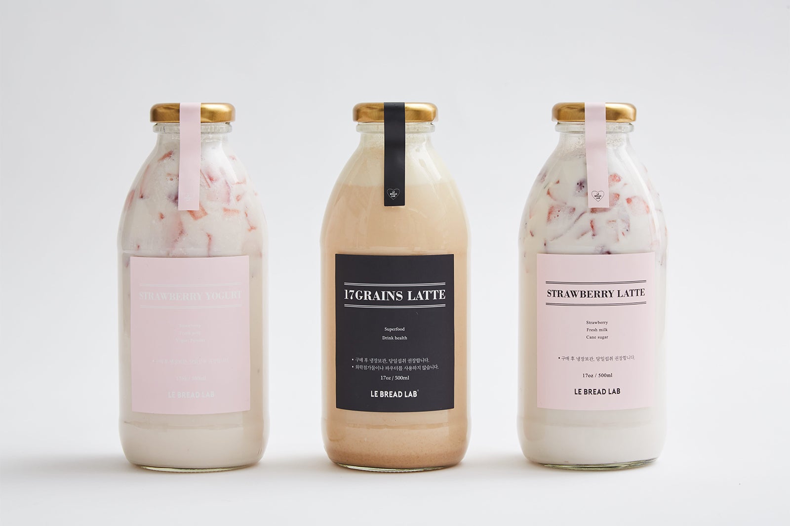 （左から）いちごヨーグルトラテ、17穀物ラテ、イチゴラテ／画像提供：ル・ブレッドラボ・ジャパン