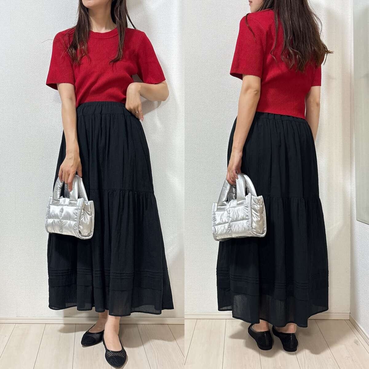 ユニクロ　ティアードマキシスカート　コーデ　レッドニット　大人可愛い