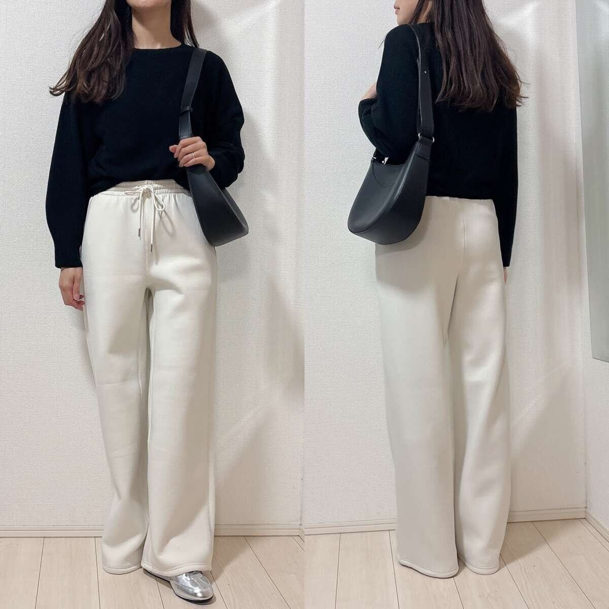 ユニクロ3Dコットンクルーネックボリュームスリーブセーターとスウェットパンツコーデ