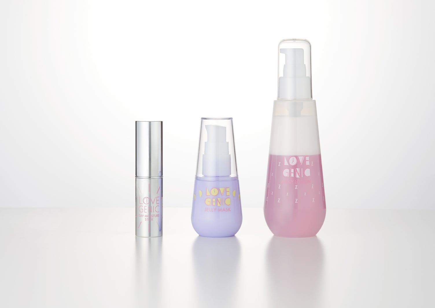 「ラブジェニックシリーズ」（左から：デイ モイスチュア スティック、ジェリーマスク、ミルキーローション）