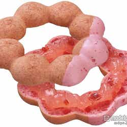 もちもちした食感のポン・デ・リング生地に桜風味のパウダーを練り込み、さくらんぼの果肉入りのフィリングをはさみ、ストロベリーチョコでコーティングした【ポン・デ・さくらんぼ】