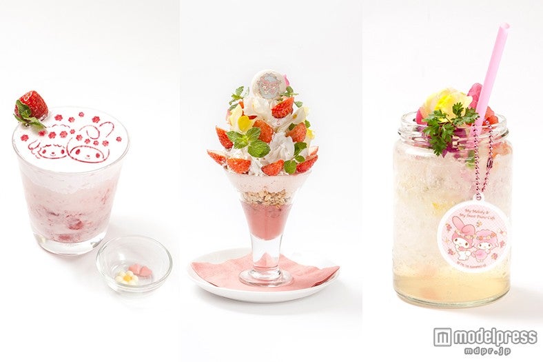 （左から）「いちごミルク」￥780、「いちご大好きパフェ」￥1，180、「エルダーフラワーの香るソーダ」￥980