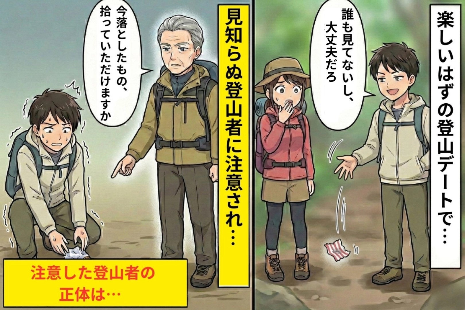 登山中にゴミをポイ捨てした彼氏に注意した登山者は、彼の会社の取引先の社長だった