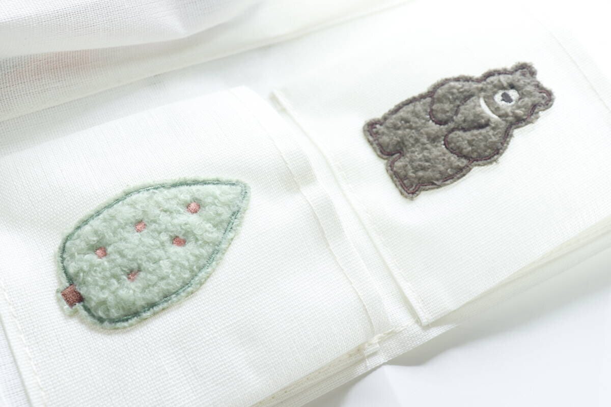ダイソーのワッペン（もこもこ、しょくぶつ）とワッペン（もこもこ、くま、いぬ）の使用例