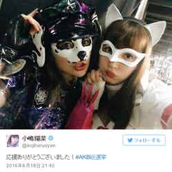 「第8回AKB48選抜総選挙」に登場した大島優子（左）と卒業を発表した小嶋陽菜（右）／小嶋陽菜Twitterより