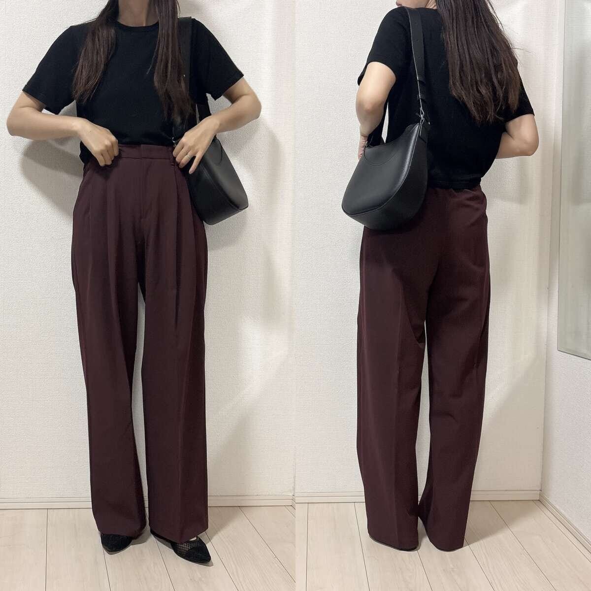 黒ニットTとワイン色タックワイドパンツのシンプルコーデ