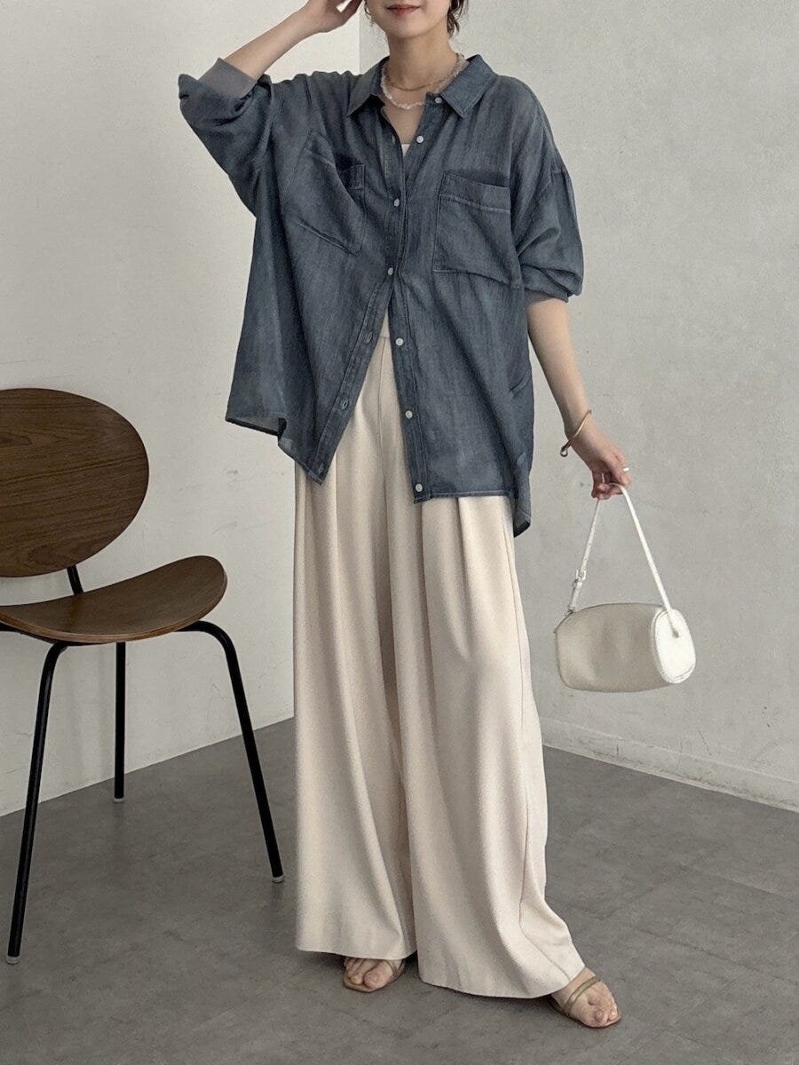 2026春夏大人女性おすすめデニムシャツ上品ワイドパンツコーデ