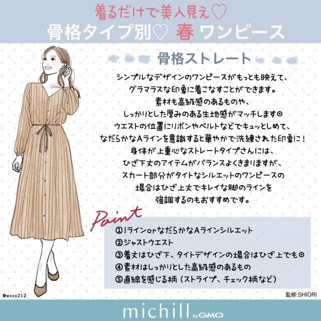 春ワンピ　骨格タイプ別　美人見え　フェミニン　EccO　イラスト　骨格ストレート