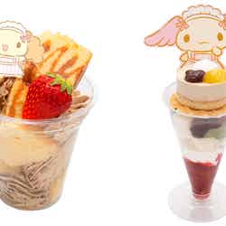 シフォンのキャラメルシフォンケーキカップ500円、アズキの栗あずきパフェ750円(C)2019 SANRIO CO.,LTD.
