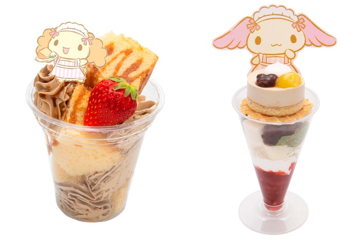 シフォンのキャラメルシフォンケーキカップ500円、アズキの栗あずきパフェ750円(C)2019 SANRIO CO.,LTD.
