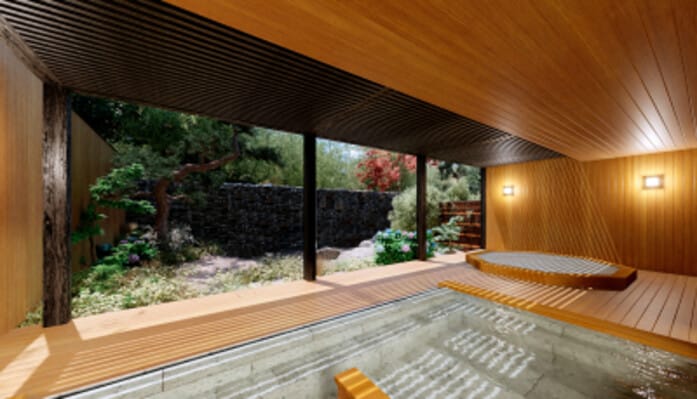 庭園を望む檜の半露天風呂